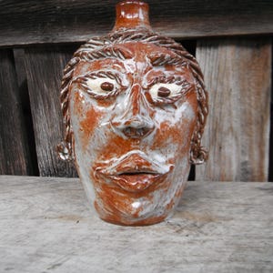 Vintage Signed GF Cole Pottery Folk Art Face Jug - Rare Female Face