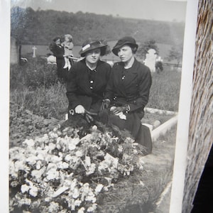 Vintage Snapshot Photo - Women at Graveside - Cemetery - Burial Flowers