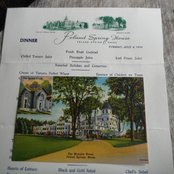 1954 Menu and Unused Postcard - Poland Spring House - Poland Spring Maine