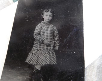 Tintype Photo - Little Girl Wearing Plaid Dress and High Ankle Boots