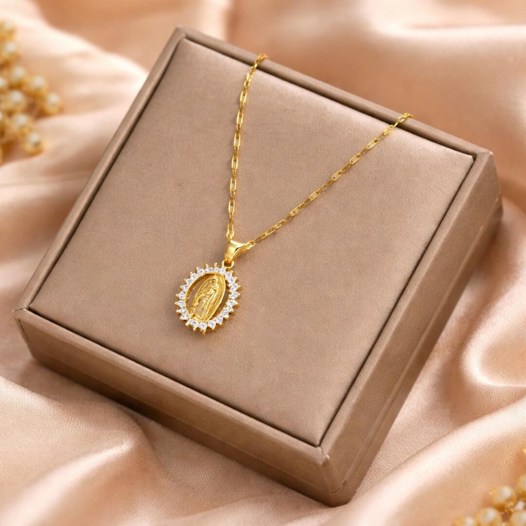 Virgin Mary Necklace, Gold Religious Necklace, Colorful Crystal Pendant ...
