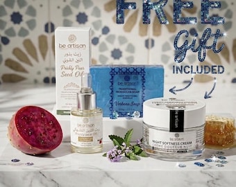 Set regalo marocchino per la cura della pelle: olio di fico d'India biologico, sapone Nila, crema notte.