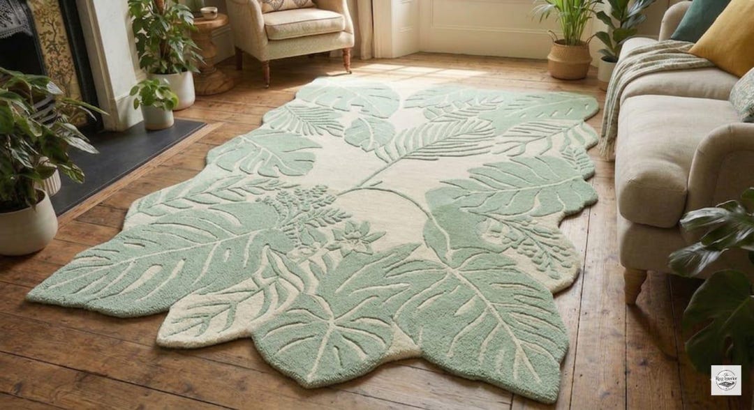 Hand Tufted Sage Green Wool Area Rug, Leaf Rug , Boho Botanical Nursery ...