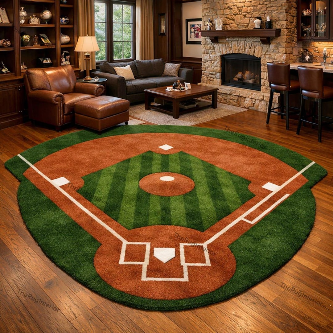 Softball Rug Retro Hand Tufted Wool Area Rug, Midcentury Softball Ground Carpet for ...