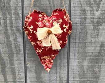 Primitive Valentine/'s Day Raggedy Heart Door Hanger-Red Homespun