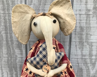Primitive Americana Elephant Doll Shelf Sitter Summer Ellie