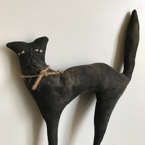 Primitive Halloween Folk Art Black Cat Shelf Sitter Doll