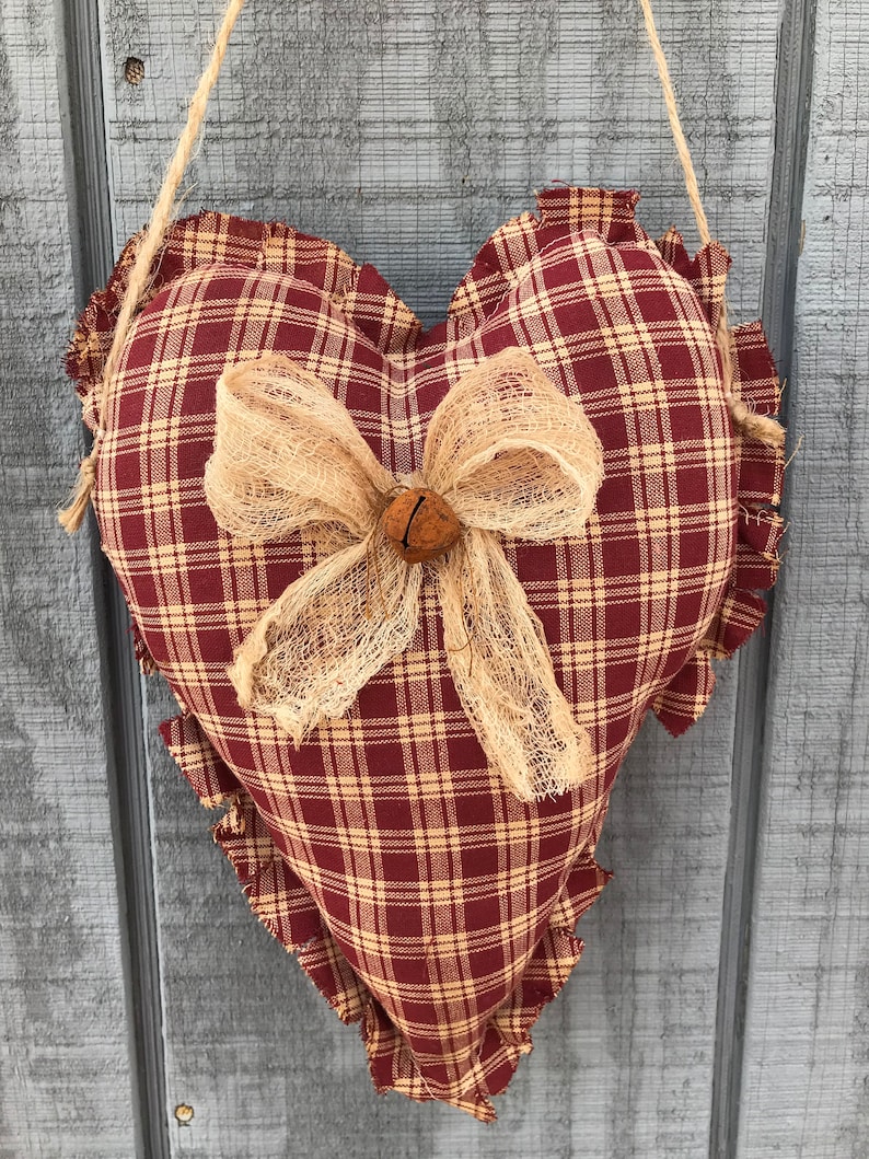 Primitive Valentine/'s Day Raggedy Heart Door Hanger-Red Homespun