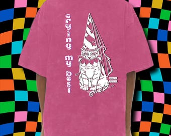 Chemise à slogan Crying Clown Cat - CRYING MY BEST T-shirt en coton surdimensionné rose blanc