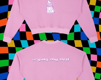 Sweat-shirt semi-court avec chat clown Crying My Best - Rose et blanc