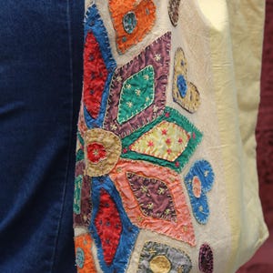 Upcycled Patchwork Tote Bag – Kantha Embroidered Shoulder Bag – Boho Daily Carryall