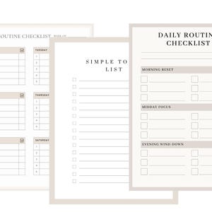 May include: Three minimalist checklists on white paper with beige borders. The checklists include a weekly routine, a daily routine, and a simple to-do list. The text on the checklists includes "Weekly Routine Checklist", "Daily Routine Checklist", and "Simple to List".