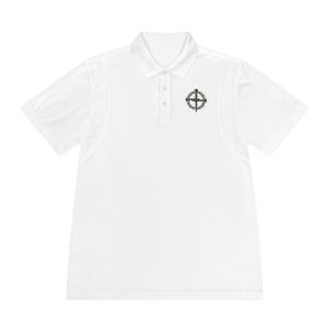 May include: White polo shirt with short sleeves and a collared neckline. The shirt features a small, black graphic on the left chest, depicting a cross with a crown of thorns and nails. The shirt has a three-button placket.
