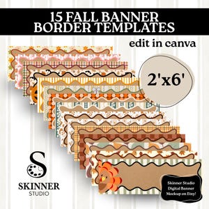 Puede incluir: Una colección de 15 plantillas de bordes para pancartas de otoño con bordes festoneados y varios patrones temáticos otoñales que incluyen calabazas, hojas y pavos. El texto 15 FALL BANNER BORDER TEMPLATES, edit in canva, 2'x6' es visible.