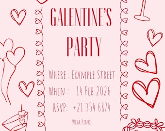 Rosa und rote Galentines Partyeinladung - bearbeitbare Canva Vorlage