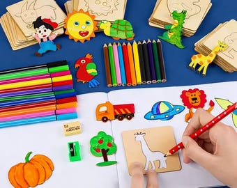Conjunto de 20 estênceis de madeira para desenho infantil, ideais para montar e aprender a pintar. Perfeito para presentear crianças.