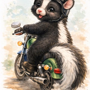 Könnte beinhalten: Aquarellillustration eines Stinktiers auf einem Motorrad. Das Stinktier, das einen schwarzen Helm mit Brille trägt, ist schwarz und weiß mit einem flauschigen Schwanz. Das Motorrad ist grün und blau, mit Chromdetails und orangen Lichtern.