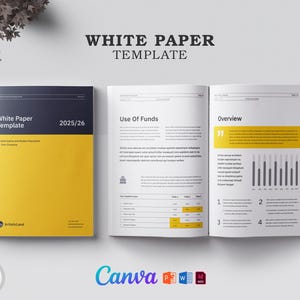 Pode incluir: Um modelo de white paper com uma capa azul marinho e amarela, aberto para mostrar as páginas internas. A capa diz "White Paper Template" e "2025/26". As páginas abertas exibem texto e gráficos. O logotipo da Canva é visível.