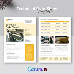 May include: A technical data sheet template with the title "Technical Data Sheet" in a modern design. The sheet includes product information, specifications, safety information, and maintenance details. The Canva logo is at the bottom.