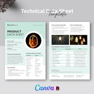 May include: A product data sheet template with a light teal background. The document includes the "Artisticland" logo, product details, technical specifications, installation guidelines, and safety information. The Canva logo is at the bottom.