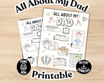 Imprimible de actividades para el Día del Padre, página para colorear "Todo sobre mi papá", hoja de trabajo para completar, regalo hecho a mano para papá.