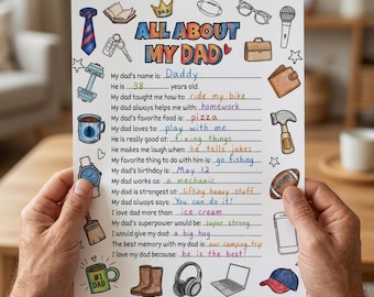 Father's Day Printable Questionnaire, Father's Day Activity for kids, All About My Dad Coloring Page, DIY Gift for Dad from Kids