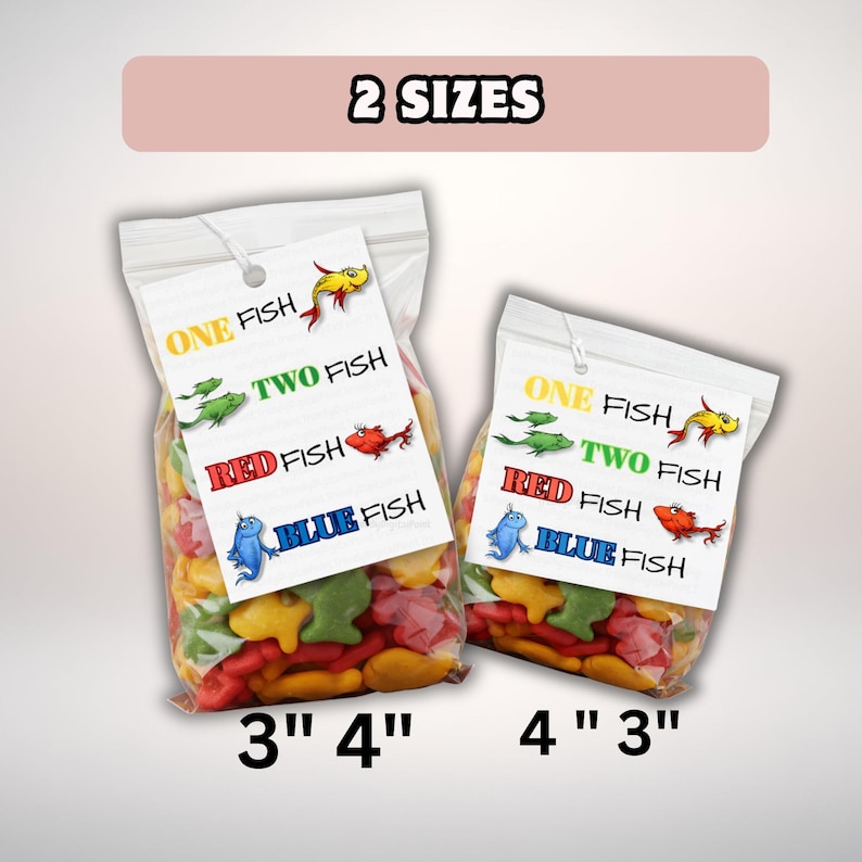 Tarjeta imprimible de Dr. Seuss "Un pez, dos peces", etiqueta para refrigerio "Pez rojo, pez azul", recuerdo de fiesta "Leer en América" imagen 2