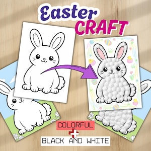 May include: Easter craft activity featuring a bunny design. The image shows a black and white bunny outline next to a completed colorful version. Text includes "Easter CRAFT" and "COLORFUL + BLACK AND WHITE."