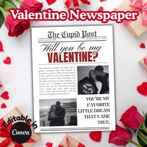 以下が含まれることがあります： バレンタインデーの新聞デザイン。見出しは「私のバレンタインになってくれますか？」で、ヴィンテージスタイルです。新聞にはカップルの写真と「あなたは私の大好きな小さな夢が叶った」というテキストが含まれています。
