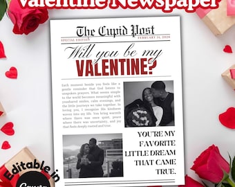 Plantilla de periódico "¿Serás mi Valentín?", Periódico de San Valentín editable con mensaje de Cupido, Ideas de regalos imprimibles para San Valentín, Envoltura de ramo