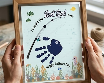Regalo imprimible de pesca para papá, manualidad con huellas de manos para niños para el Día del Padre, regalo de recuerdo DIY para papá en edad preescolar, ideas de regalos de última hora para papá