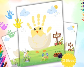 Manualidad de pollito de primavera con huellas de manos para imprimir, arte de Pascua con huellas de manos para niños, actividad preescolar, recuerdo de pollito, manualidad de primavera para el aula