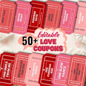 以下が含まれることがあります： 赤とピンクの色合いでデザインされた、編集可能な50以上のラブクーポン。各クーポンには、「映画の夜」や「キャンドルライトディナー」など、さまざまなロマンチックなアクティビティが記載されています。クーポンはヴィンテージチケットスタイルです。