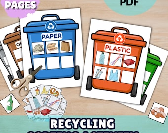 Juego imprimible de clasificación de reciclaje, actividad para niños del Día de la Tierra, aprendizaje preescolar sobre clasificación de basura, actividad ecológica para el aula en formato PDF.