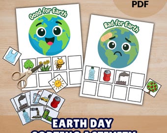Actividad imprimible para clasificar elementos del Día de la Tierra, juego de "Lo bueno vs. lo malo para la Tierra", aprendizaje para preescolar y jardín de infantes, actividad ecológica para el aula.