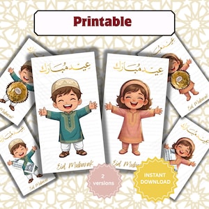Könnte beinhalten: Druckbare Eid Mubarak-Karten mit Cartoon-Illustrationen von Kindern mit offenen Armen. Die Karten haben goldene arabische Kalligraphie und die Worte "Eid Mubarak". Das Bild enthält auch den Text "Druckbar", "2 Versionen" und "Sofort-Download".