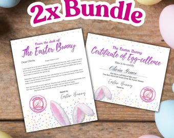 Pacchetto di lettera e certificato di Pasqua modificabili con il coniglietto, dalla scrivania del coniglietto di Pasqua, premio "Eccellenza", stampabile per bambini a tema Pasqua.