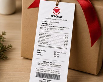 Etiqueta imprimible de agradecimiento para profesores, etiqueta de agradecimiento estilo recibo, regalo de fin de año para profesores, descarga instantánea, PDF