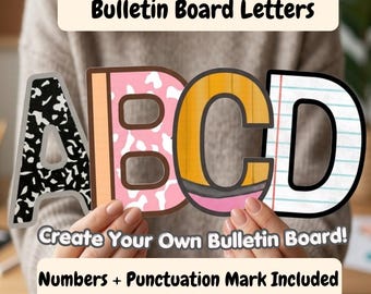 May include: Bulletin board letters featuring the letters A, B, C, and D with distinct patterns: black and white marble, pink and white cow print, yellow pencil design, and white lined paper. Text includes Bulletin Board Letters, Create Your Own Bulletin Board!, and Numbers + Punctuation Mark Included.