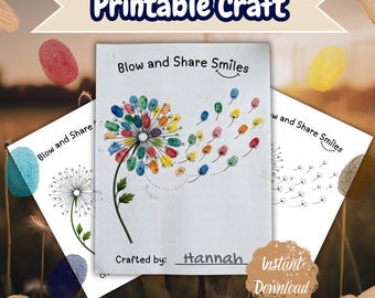 Manualidad de diente de león con huellas dactilares para imprimir, actividad artística de primavera para niños, manualidad de flores para el aula, arte con huellas dactilares para preescolar y jardín de infancia.