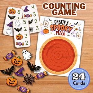 Puede incluir: Un juego de conteo de Halloween con tarjetas que muestran números e ilustraciones de calabazas, fantasmas, murciélagos, dulces y sombreros de bruja. Una hoja de juego muestra el texto Create a Spooky Pizza y 24 tarjetas en total.