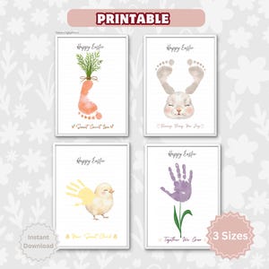 May include: Four framed Easter-themed prints. Each print features a unique design: a carrot with a footprint, a bunny with footprints, a chick with a handprint, and a flower with a handprint. The prints have the text "Happy Easter" and "Printable".