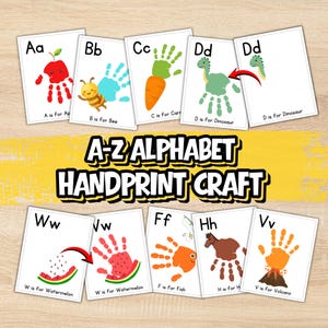 May include: A collection of white rectangular cards featuring A-Z Alphabet Handprint Craft designs. Each card displays a letter, a handprint-based illustration like an apple, bee, carrot, dinosaur, watermelon, fish, horse, or volcano, and text.