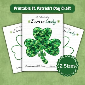 Puede incluir: Tres imprimibles de manualidades del Día de San Patricio. La imagen central presenta un trébol verde hecho de papel en capas. El texto incluye "I am so Lucky" y "Handmade With Love". La imagen también dice "2 Sizes" y "Printable St. Patrick's Day Craft".