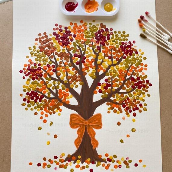 Herbstliche Blätter mit Wattestäbchen bemalen, Herbstbaum-Bastelvorlage zum Ausdrucken, Herbstbaum-Aktivität, Kunst für Vorschulkinder, Bastelidee für Kleinkinder, Herbstaktivität im Kindergarten