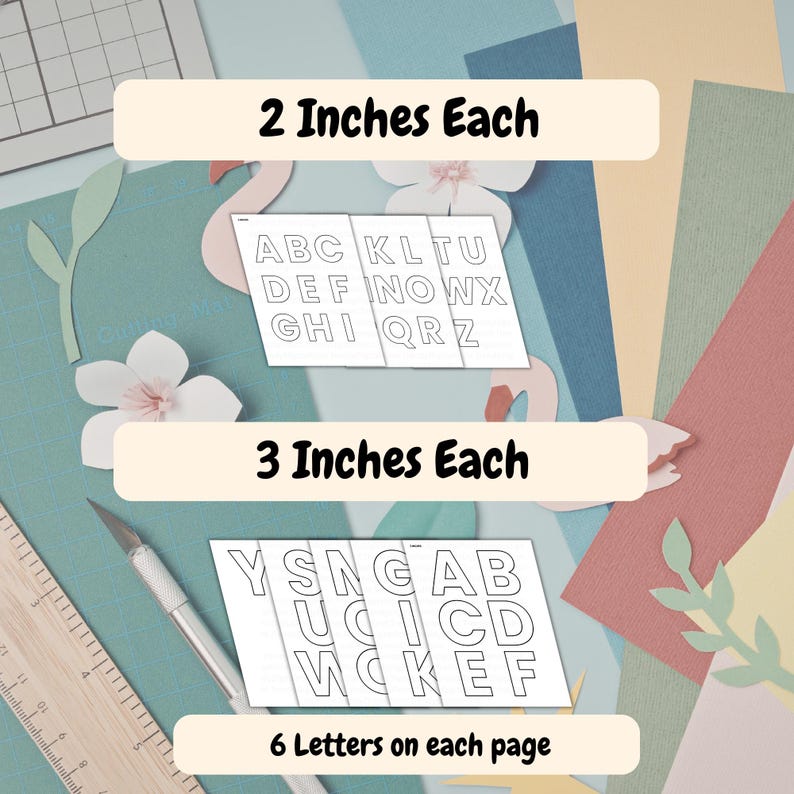 May include: A set of alphabet stencils featuring black outlined letters on white rectangular sheets. The image displays two groups of stencils labeled 2 Inches Each and 3 Inches Each, with a note stating 6 Letters on each page, alongside a ruler.