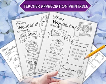 Imprimible de agradecimiento al profesor, Actividad de agradecimiento al profesor, Actividad "Todo sobre mi profesor", Regalo de fin de año, Página para colorear Manualidades para niños