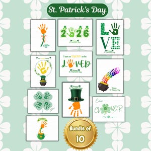 Puede incluir: Un conjunto de diez impresiones artísticas temáticas del Día de San Patricio. Las impresiones presentan huellas de manos, tréboles y texto como "LOVE", "LUCKY" y "2026". La paleta de colores incluye verde, naranja y blanco sobre un fondo verde claro.