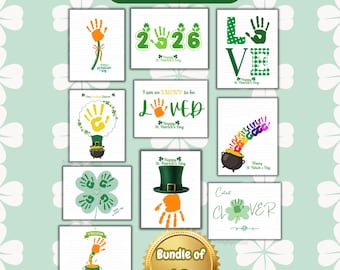 Paquete de arte con huellas de manos para el Día de San Patricio, manualidad de trébol imprimible para niños pequeños, actividad preescolar para el Día de San Patricio, ¡Feliz Día de San Patricio!