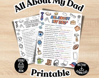 Cuestionario imprimible para el Día del Padre, actividad para niños para el Día del Padre, página para colorear "Todo sobre mi papá", regalo hecho a mano para papá por los niños.